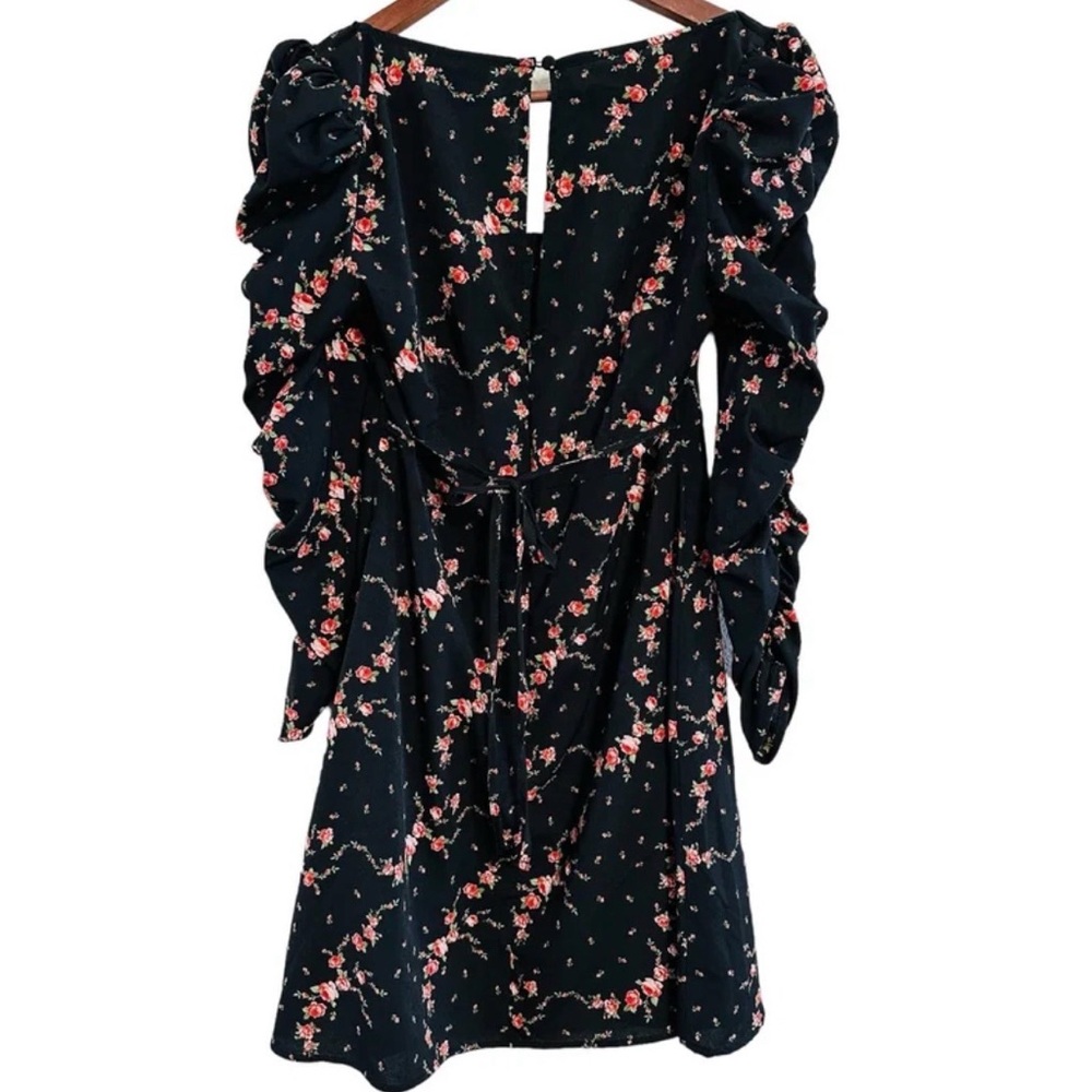 Topshop Black Floral Pink Ruched Long Sleeve Mini Dress size 6 - Picture 3 of 10